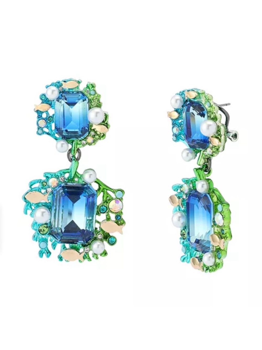 Betsey Johnson Blue and Green Crystal Pearl Drop Earrings